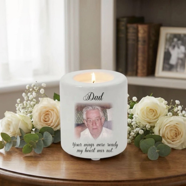Personalised Memorial Candle. Holder With Custom Photo and Remembrance Sentiment