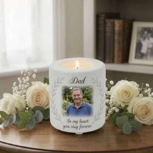 Personalised Memorial Tea Candle Holder With Photo And Sentiment
