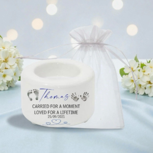 Remembrance Candle Holder With Footprints, Handprints and Organza Bag