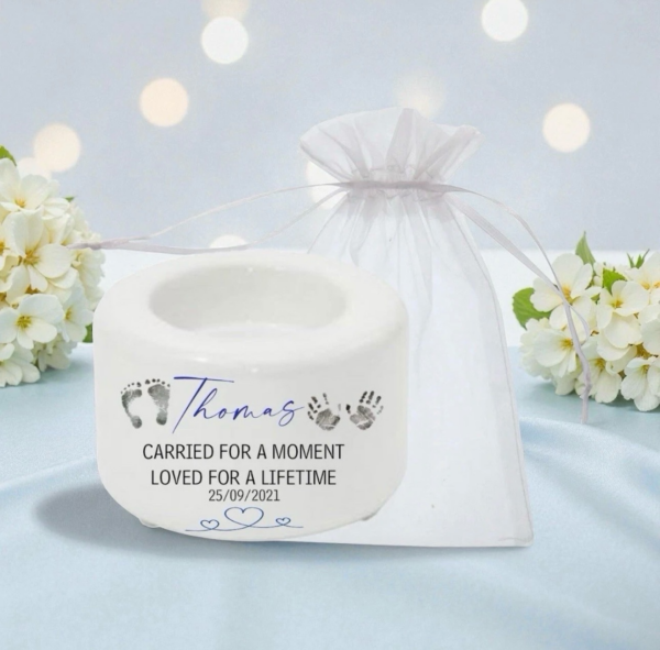 Remembrance Candle Holder With Footprints, Handprints and Organza Bag