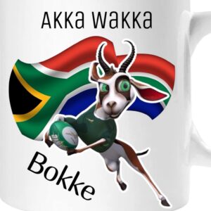 Funny Springbok mascot and South African flag printed mug