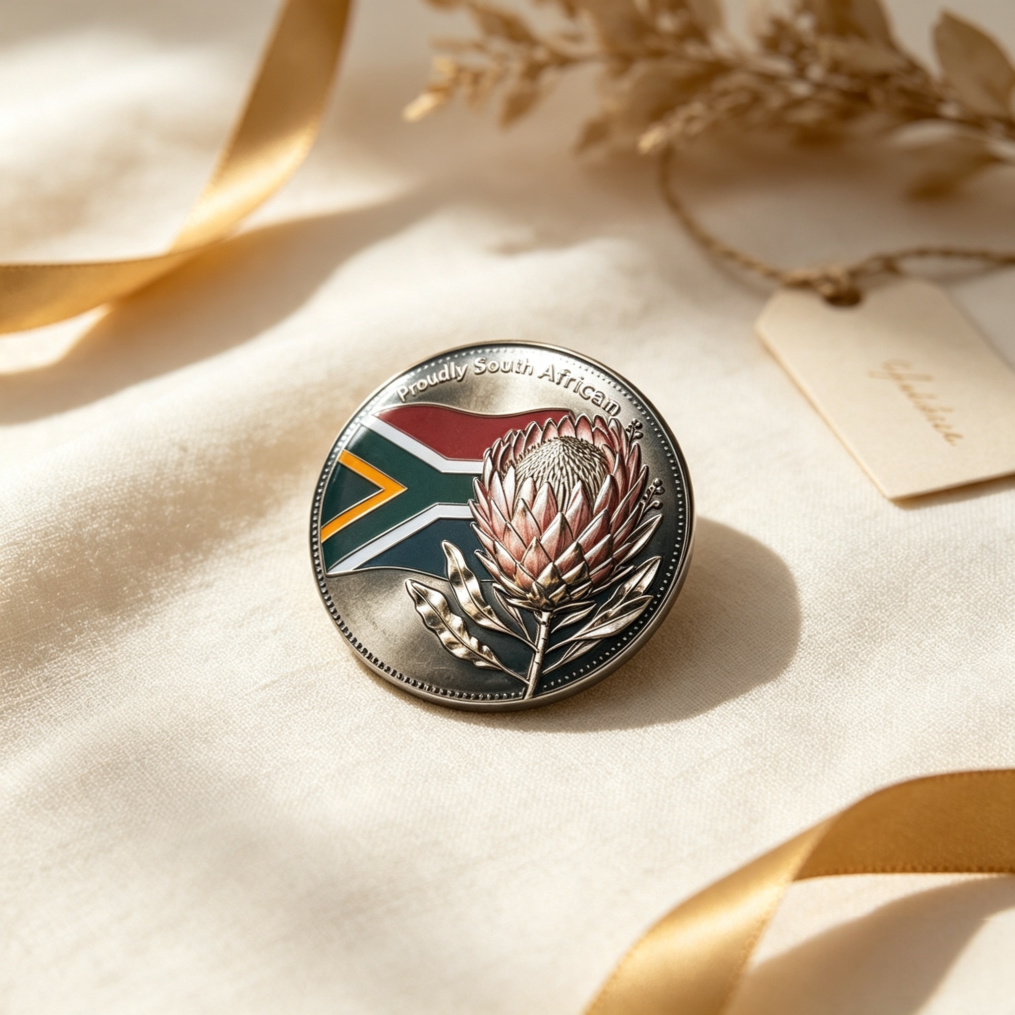 Proudly South African pin badge - Protea flower and SA flag design, polished metaliic finish