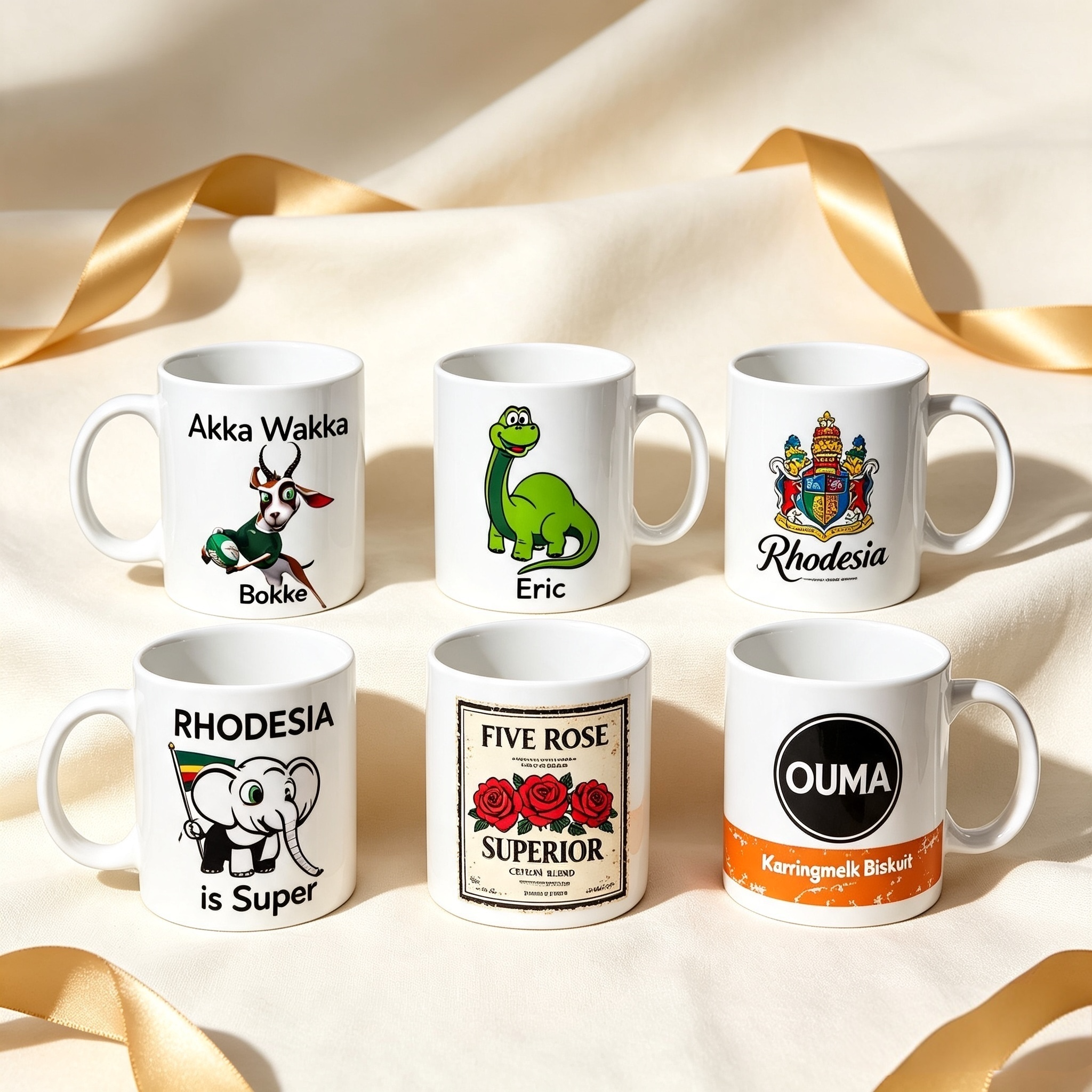 Personalised themed mugs - South African, Rhodesian and custom designs on elegant cream background