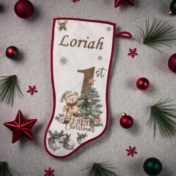 personalised-babys-first-christmas-stocking-red-edging-fireplace-display